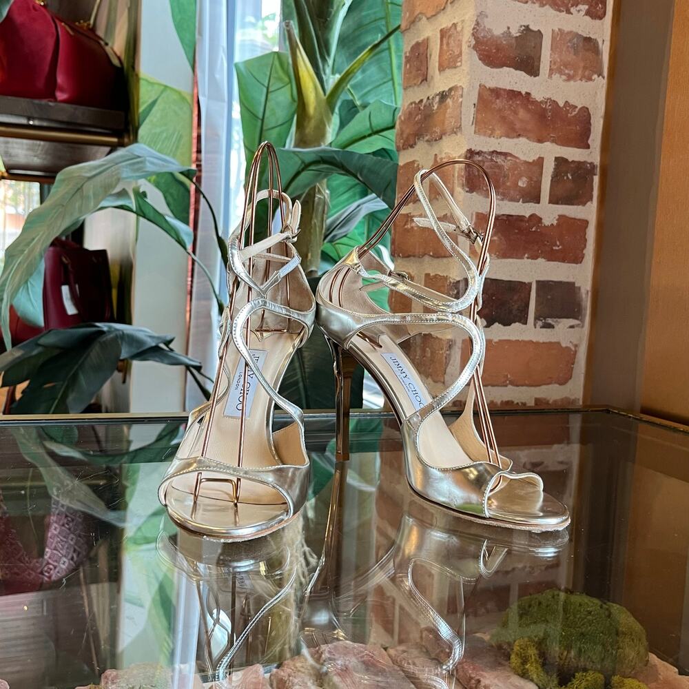 JIMMY CHOO Metallic Silver Leather Strappy Heels SZ40
